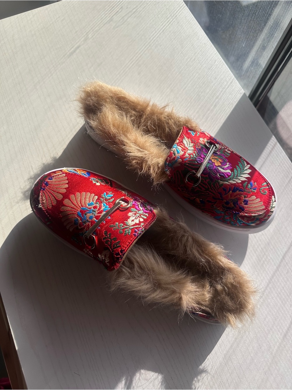Red Floral Embroidered Fur-Lined Mule Slippers